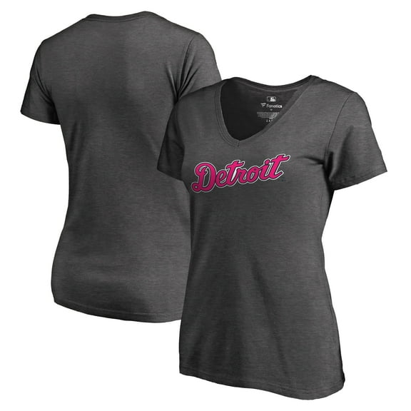 Women's Heathered Gray Detroit Tigers Pink Wordmark V-Neck T-Shirt