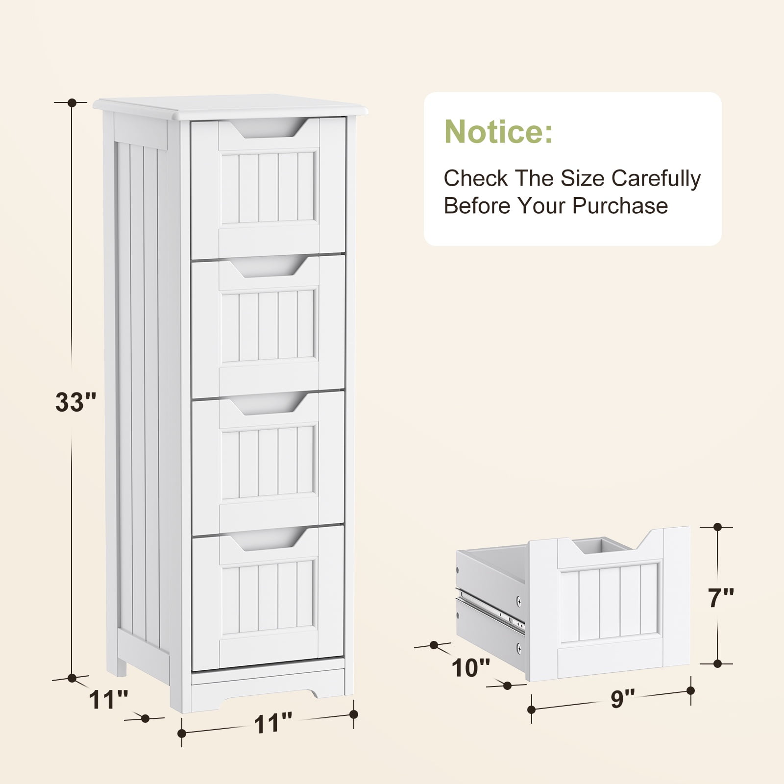 Storage Cabinet, Small Free Standing Narrow Cabinet with 4 Drawers for Living Room, Bedroom, Bathroom,White