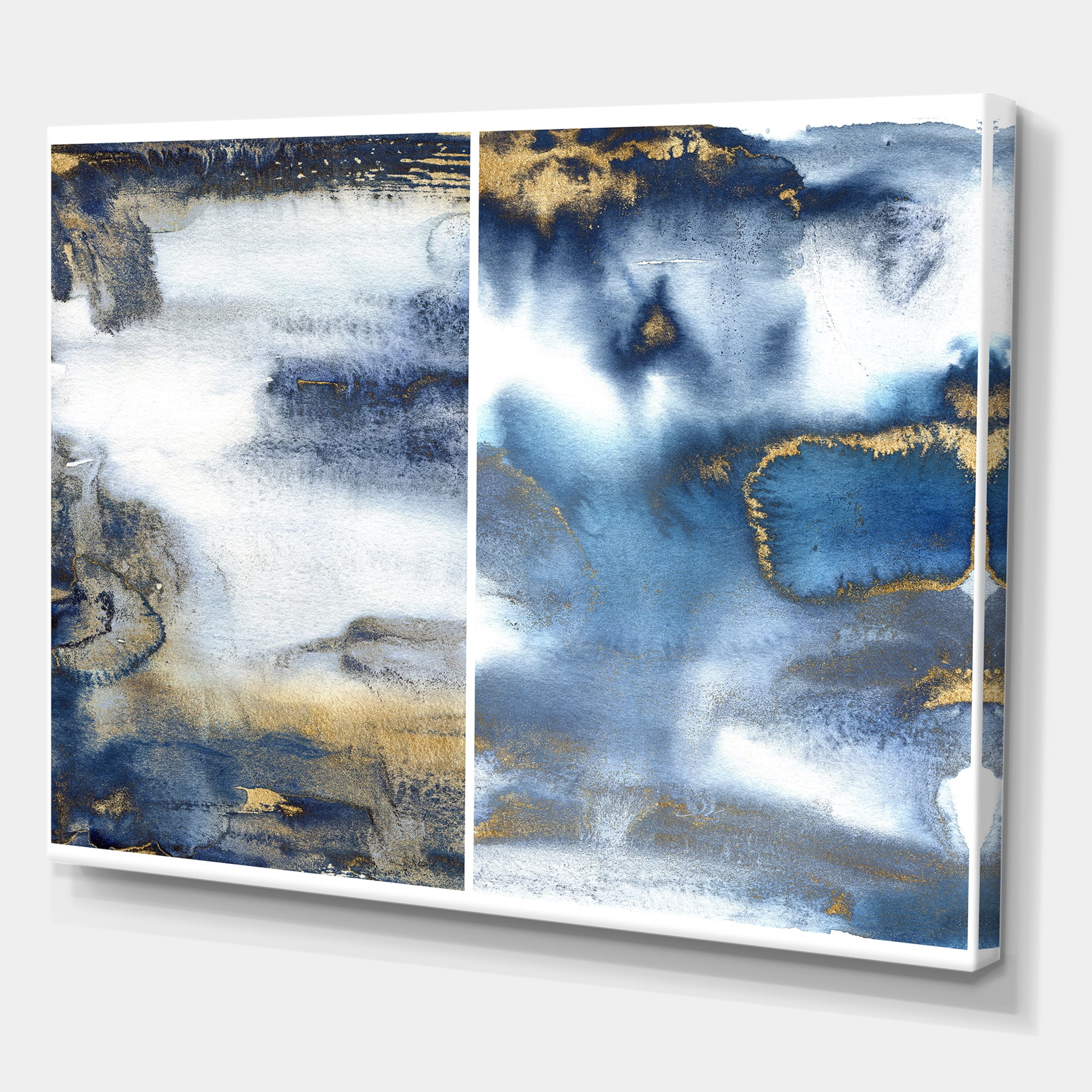 Designart ' Gold and Dark Blue Abstract Waves I ' Modern Canvas Wall Art Print