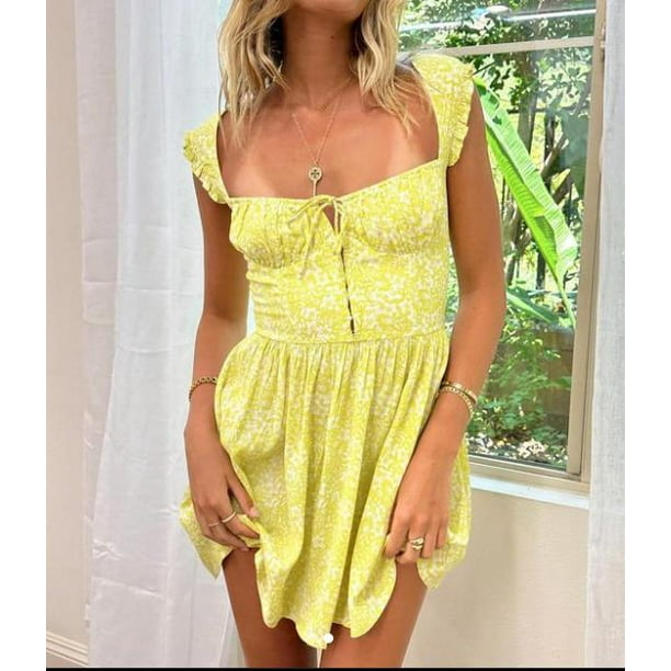 Lucakuins - Mini vestido de verano para mujer, sin mangas, lazo frontal, busto fruncido, estampado floral, vestido corto de línea A, ropa de playa Lucakuins moda