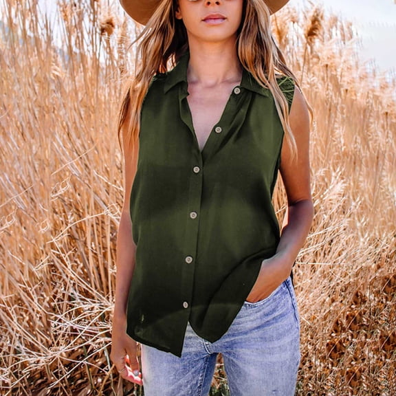 Babysbule Women's Tops Women's Fashion Turn-down Collar Leisure Sleeveless Solid Vest Tops