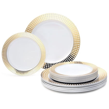 OCCASIONS 120 Pieces Pack,(60 Guests) Premium Wedding Party Disposable Plastic Plates Set -60 x 10.25'' Dinner + 60 x 7.5'' Salad / Dessert(Princess White/ Gold)