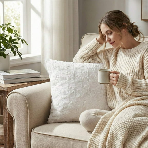 DaDa Bedding Luxury White Roses Swirls Faux Fur Euro Cushion Throw Pillow Cover (K11)