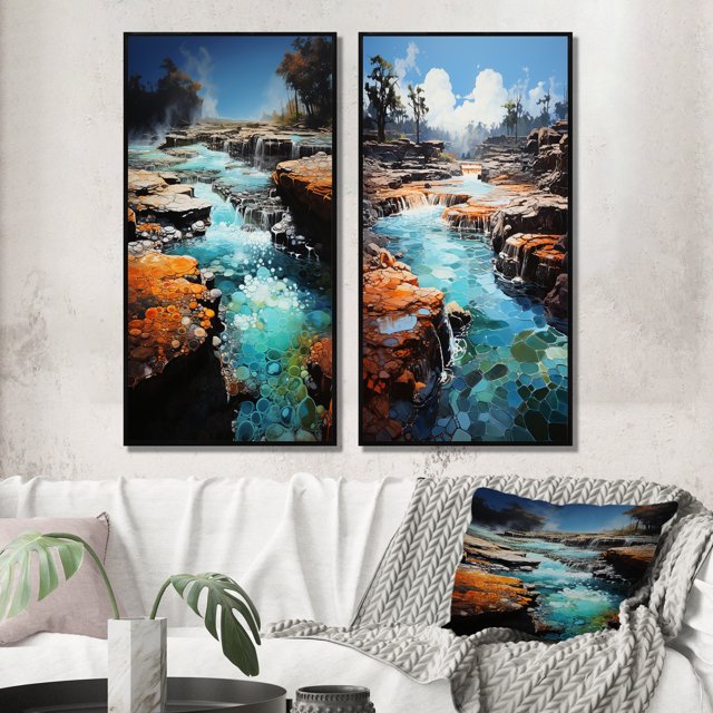 Designart "Geyser Collage Azur en Éruption II" Art Mural Encadré Ensemble de 2 - Paysages Turquoise Art Mural Encadré Ensemble de 2