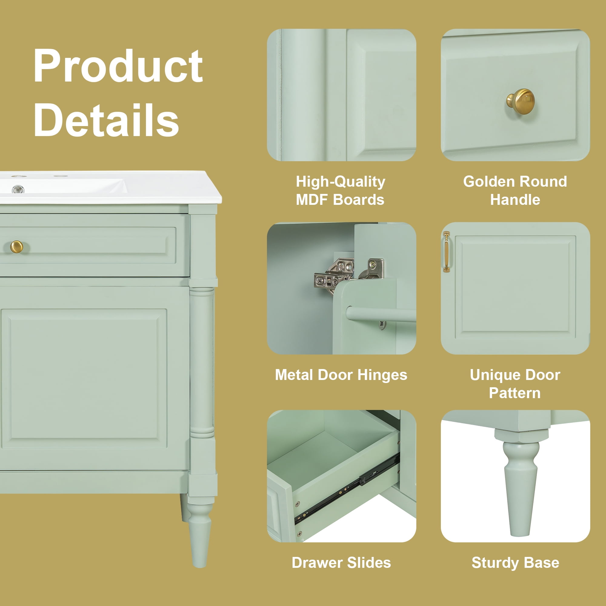 Alvantor 36" Bathroom Vanity with Ceramic Sink, Freestanding Storage Cabinet with Flip Drawers Green