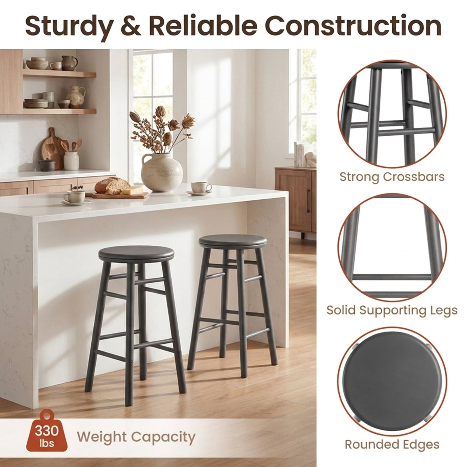 Furnibear 24 Inch Gray Swivel Bar Stools Set of 2 Rubber Wood Counter Chairs with Footrests and Crossbars