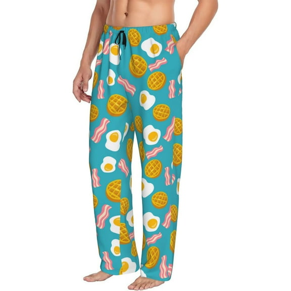 Mens Pajama Pants Bottoms with Pockets - Waffle Poached Eggs Bacon Comfy Mens Pj Pants, Soft Men Lounge Pants