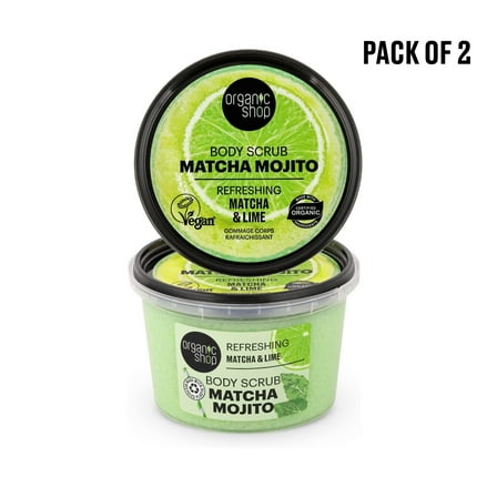 Organic Shop Matcha & Lime, Refreshing & Exfoliating Body Scrub, 100% Vegan & Organic, Daily Exfoliant, Detox & Moisturizer, Body, Face, Hand & Foot, Intensive Care & Skin Toning. 250ml. Pack of 2