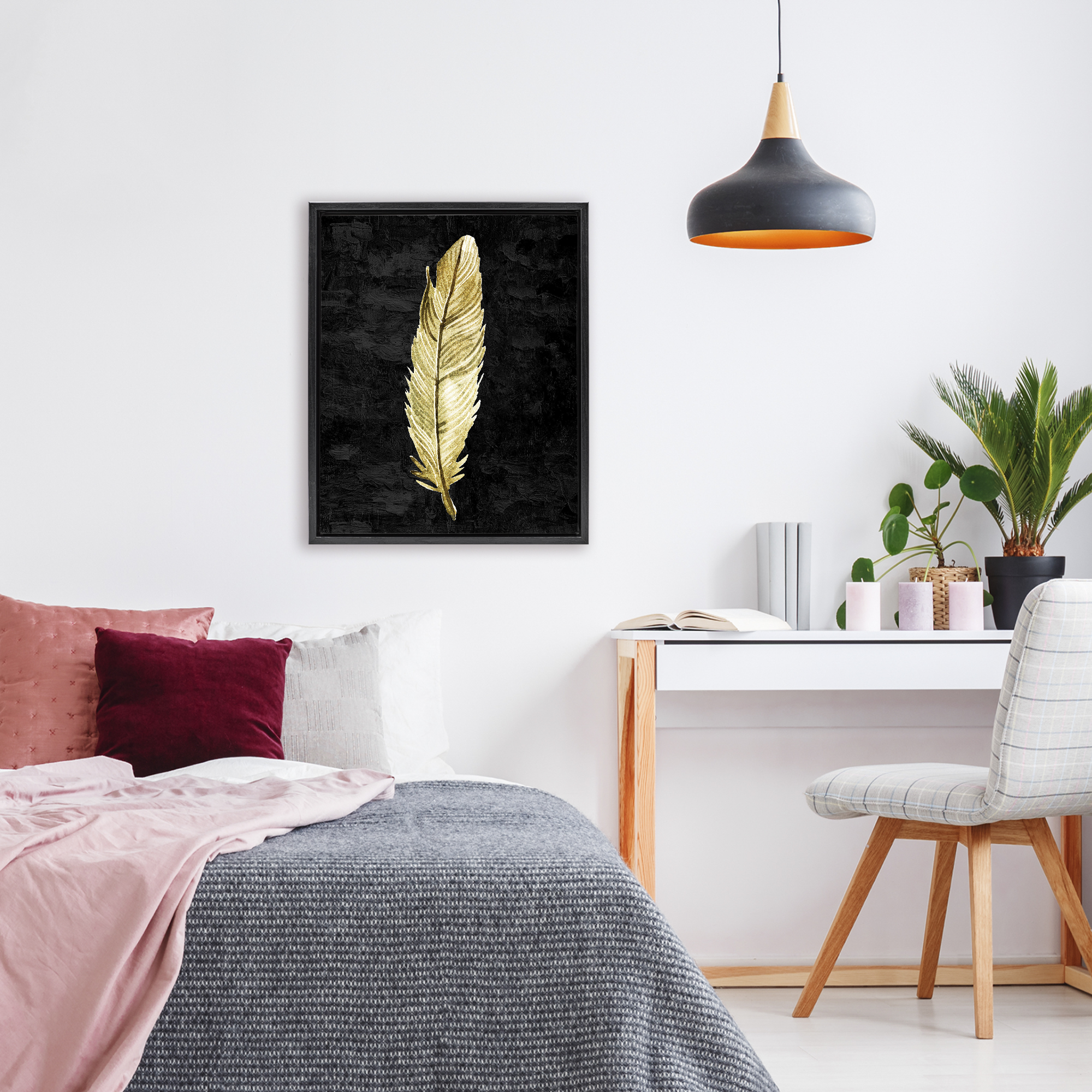 Curved Feather on Black Black Framed Floater Canvas Wall Art, design by Kim Allen