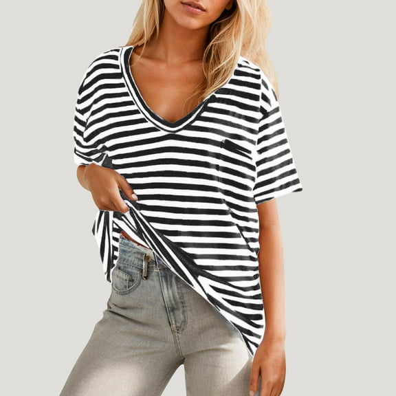 Fartey Oversized Striped T Shirts for Women Summer V Neck Short Sleeve Blouses Casual Loose Drop Shoulder Tees 2025 Fashion Y2K Going Out Tops Black L
