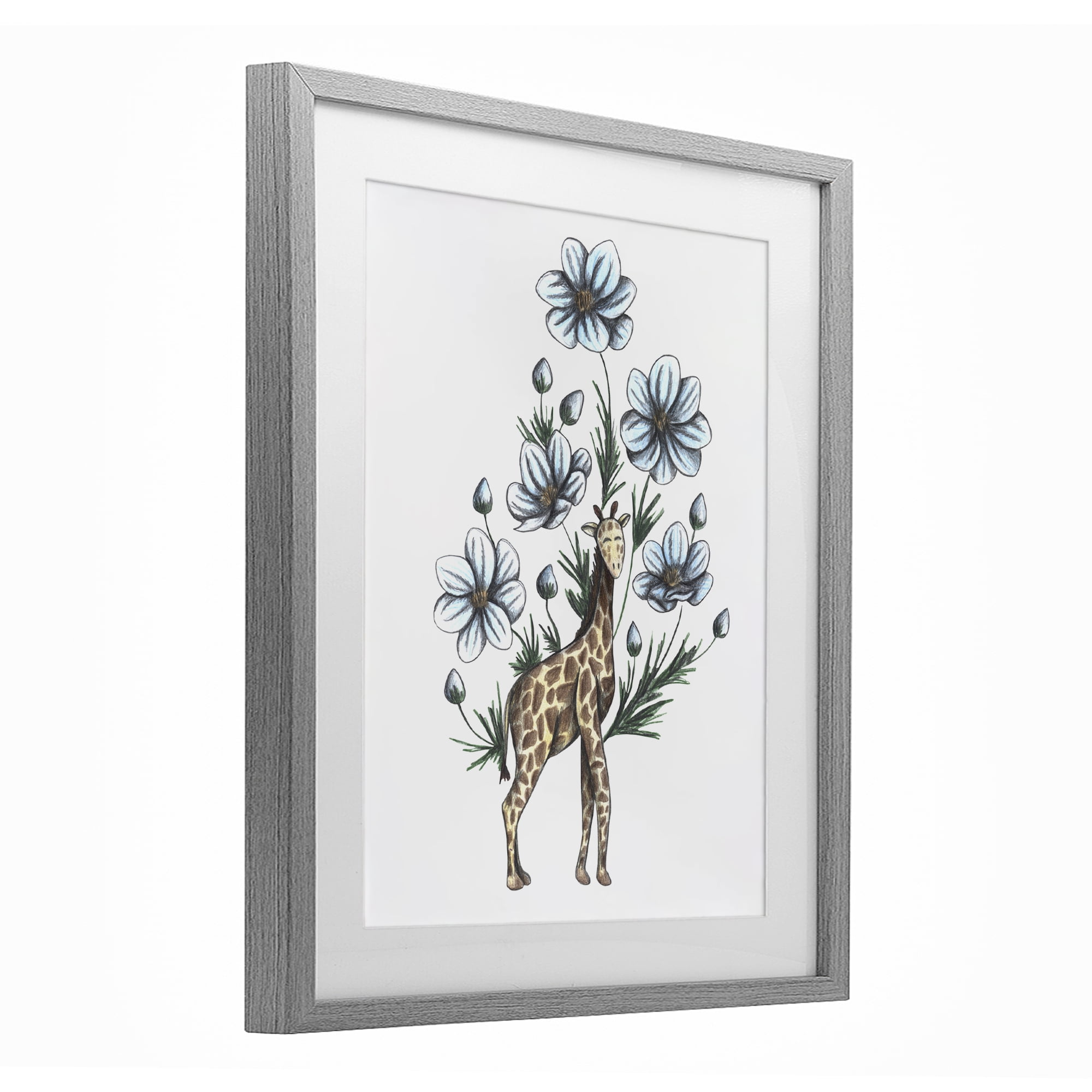 Giraffe with Flower Blossoms Gray Framed Print Under Glass, design by Cecilia Battaini