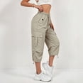 thumbnail image 7 of LEAVINGSUO Cargo Pants Women Solid Color Casual Straight Leg Stretch Waistband Pocket Workwear Capri Pants Khaki S, 7 of 7