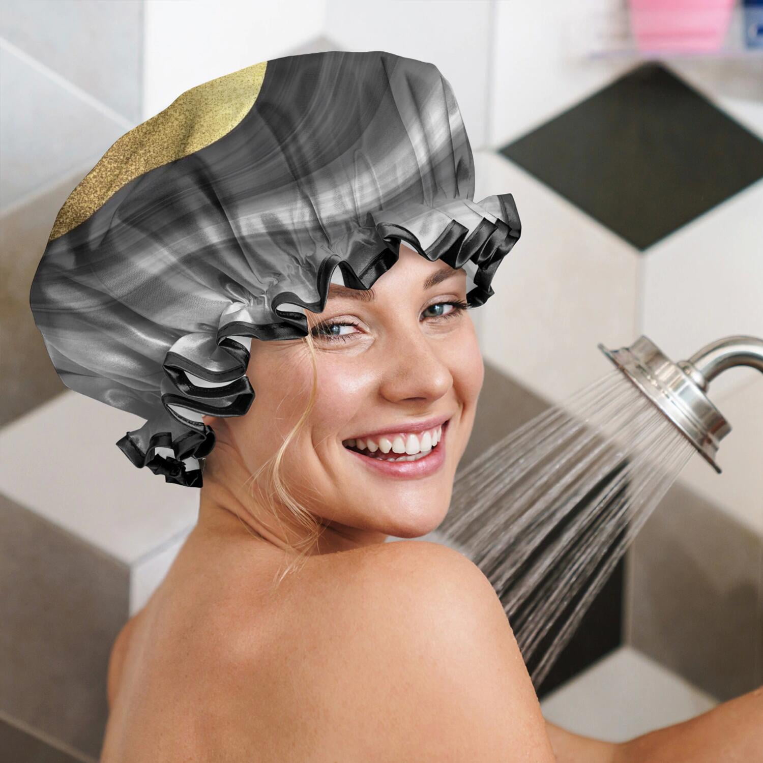 Shower Caps,Black Marble Gold Wave Pattern Waterproof Shower Cap for Women 4 Pieces,Double Reusable Hair Cover for Shower PEVA Elastic Stretch Hem