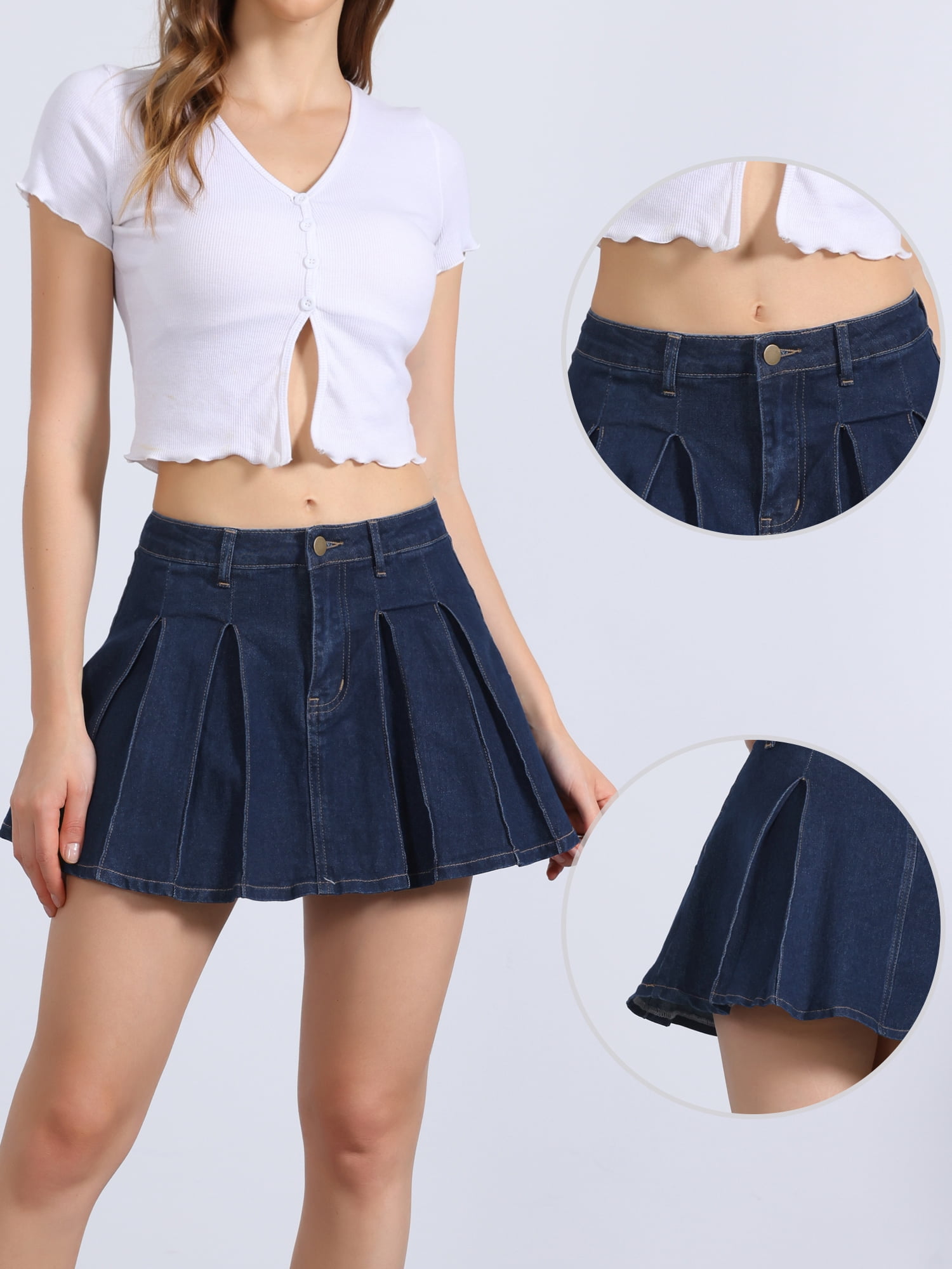 DARING DIVA Women's Pleated Denim Skirt Short Mini Jean Skirts L Dark Blue
