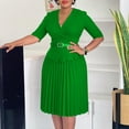 thumbnail image 2 of AURA Plus Size V Neck Pleated A Line Midi Dress High Waist Elegant Summer 2024 Office African Style Dress with Belt, 2 of 10