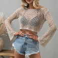 thumbnail image 2 of Defitshape Women's Long Sleeve Crochet Cover Up Shirt Short Knitwear Boat Neck Bell Sleeve See Through Fishnet Cutout Beach Summer Net Knit Crop Top Khaki X-Large, 2 of 4