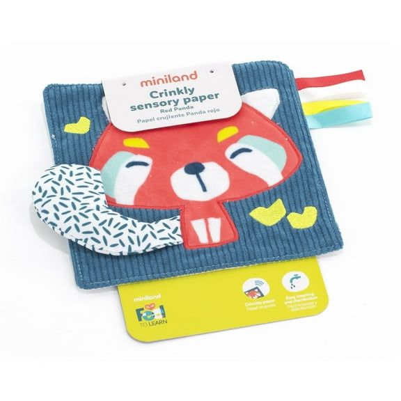 Miniland Feel to Learn Crinkly Sensory Paper Red Panda for Infant & Toddlers. Multicolored teether with Soft Touch