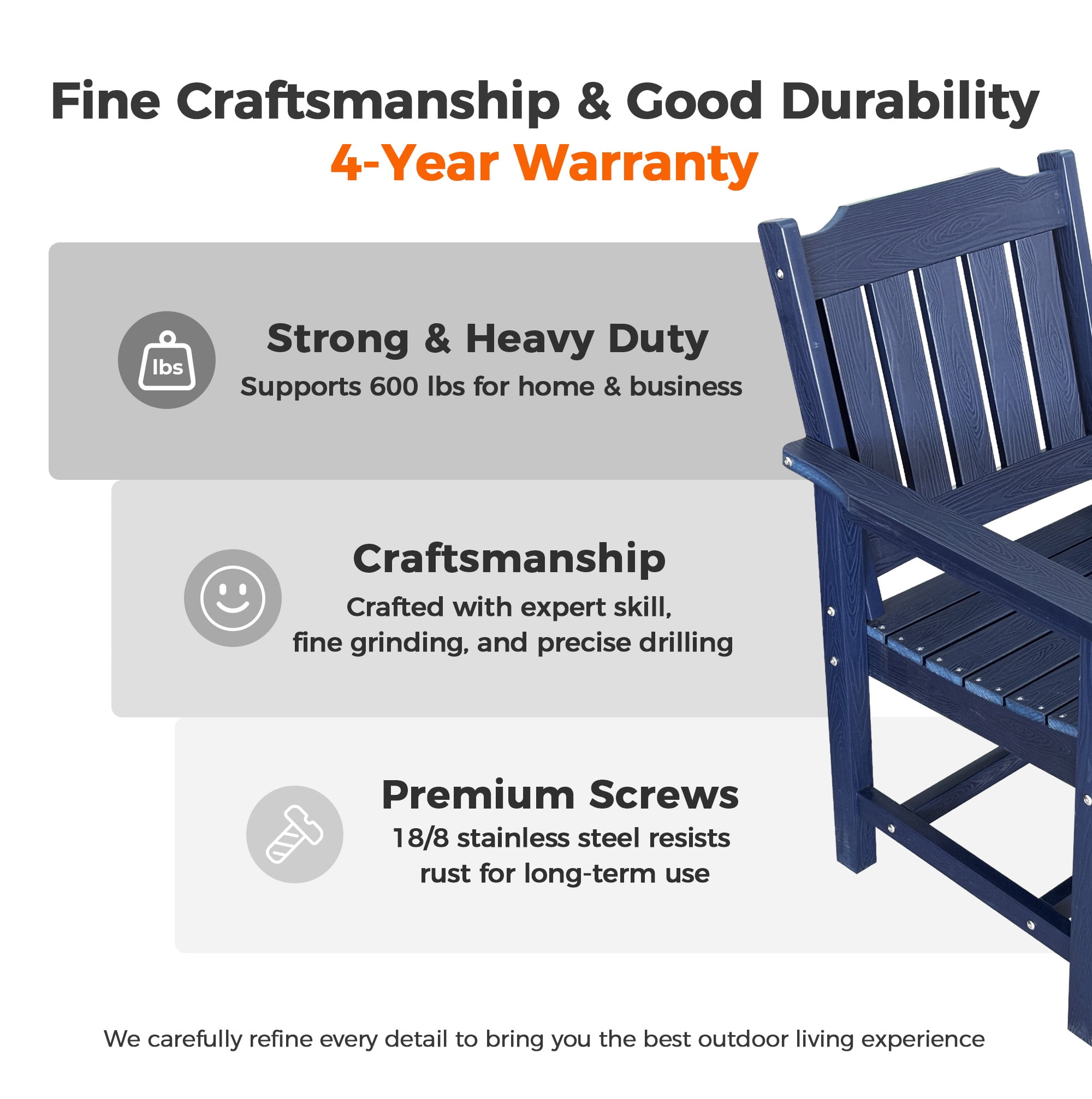 Innovaze Poly Lumber Patio Dining Chair, HIPS Outdoor Ladder Back Chair, Weather Resistant (Navy Blue, 2 Piece)