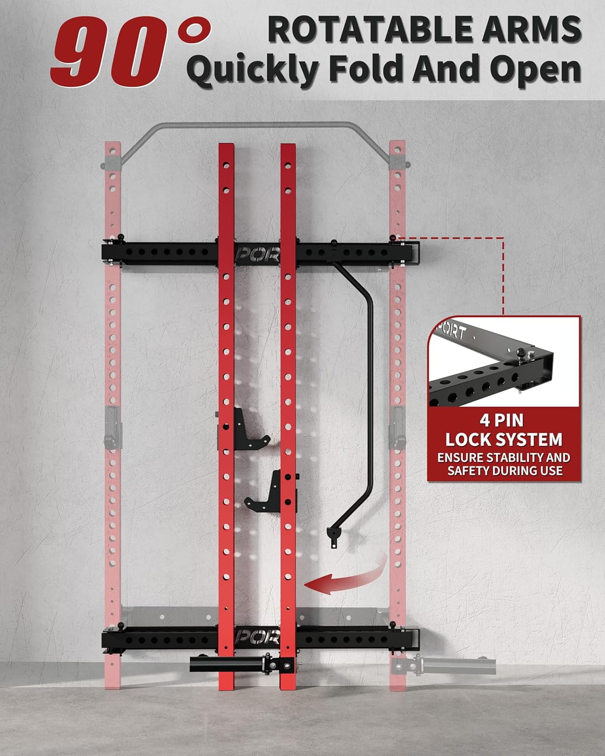 Folding Squat Rack for Home Gym, 1000 LBS Capacity Wall Mounted Squat Rack with Pull Up Bar, j Hooks, and 360° Landmine, 2.36" x 2.36" Foldable Squat Rack, Space-Saving Home Gym
