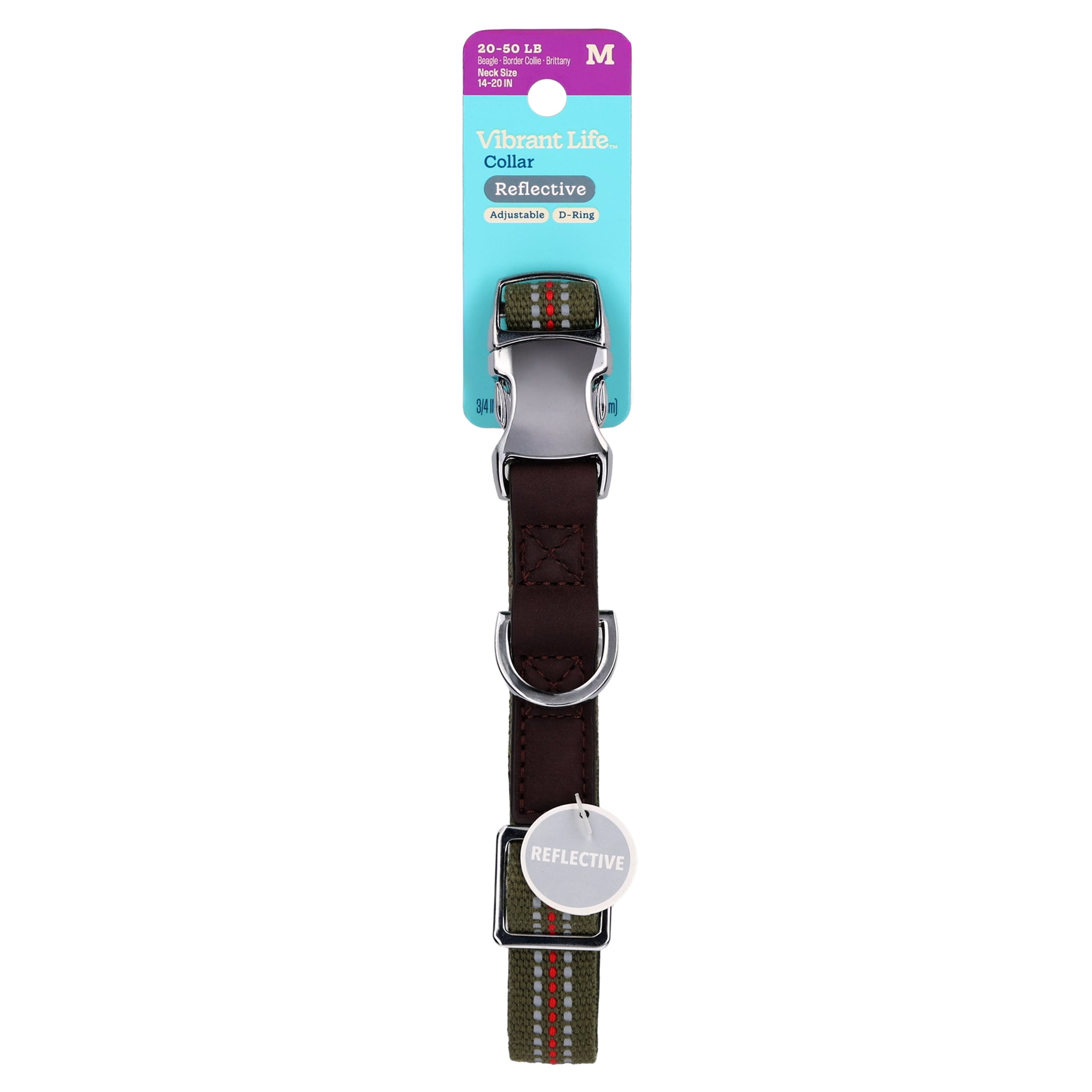 Vibrant Life Reflective Adjustable Dog Collar, Olive Green, M