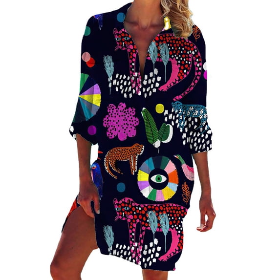 Frontwalk Women Summer Bohemian Lapel Neck Blouse Longline Elegant Tunic Shirt Holiday Shirts with Pockets