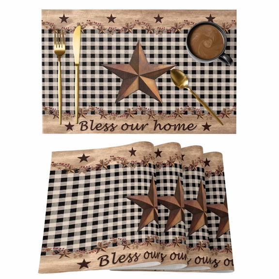 Placemats Set of 6, Western Texas Star Vintage Woven Placemat, Linen Place Mats for Kitchen/Dining Tables, Rustic Wreath Wood Black Plaid Washable Table Mats for Party