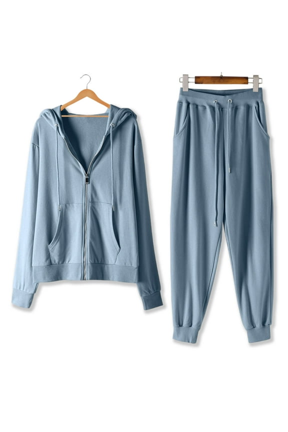 Womens Full Zip Hoodies Tracksuits 2025 Fall Basic Solid 2 Piece Sets Lightweight Hooded Sweatshirts with Sweatpants Outfits Athletic Track Suits for Jogging Running Blue,L