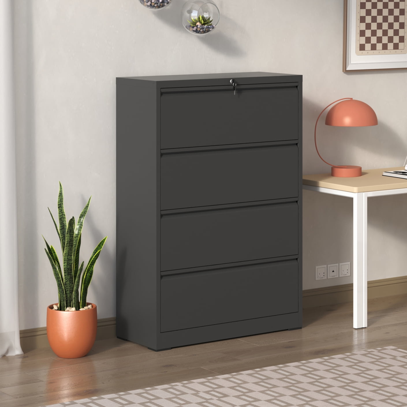4 Drawer Lateral File Cabinet with Lock – Heavy Duty Steel Filing Cabinet for Home Office, Wide Storage for Letter Legal A4 F4 Files, Full Extension Quiet Slides