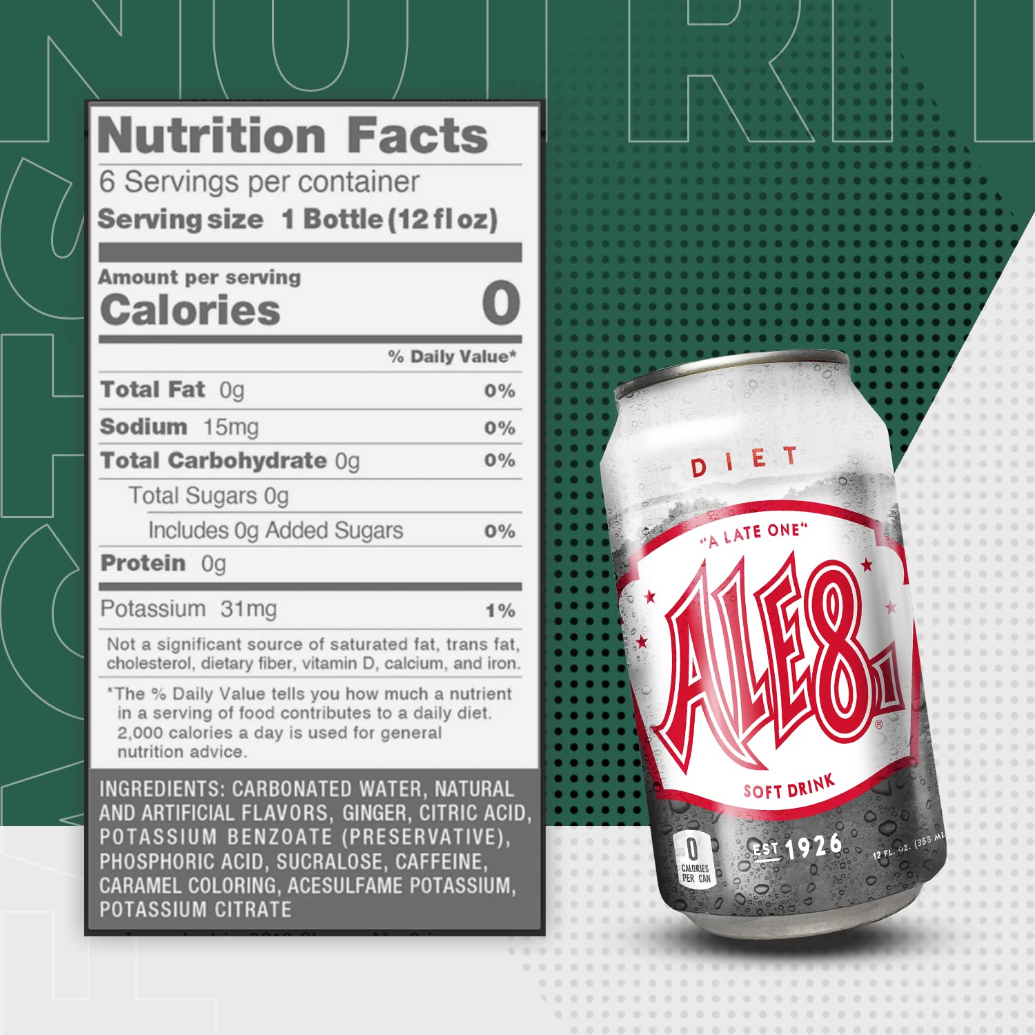 Ale 8 One Ginger Ale Soda with a Caffeine Kick & Hint of Citrus - Original Flavor - Zero Sugar - 12 Pack, Case of 12 Oz Cans - Sugar Free Ginger Soft Drink, Pack of 12 - image 5 of 6