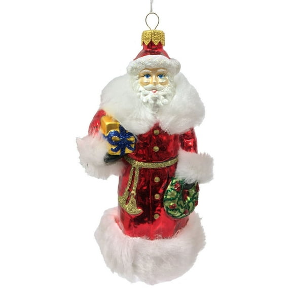 Pinnacle Peak Trading Santa Claus with Red Fur Coat and Presents Polish Glass Christmas Ornament