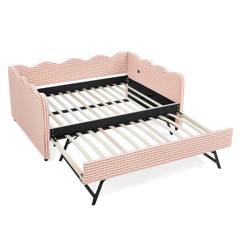 Full Size Upholstery Daybed with Trundle and USB, Full to King Design Wave Shaped Extendable Linen Sofa Bed, No Box Spring Required, for Living Room and Bedroom