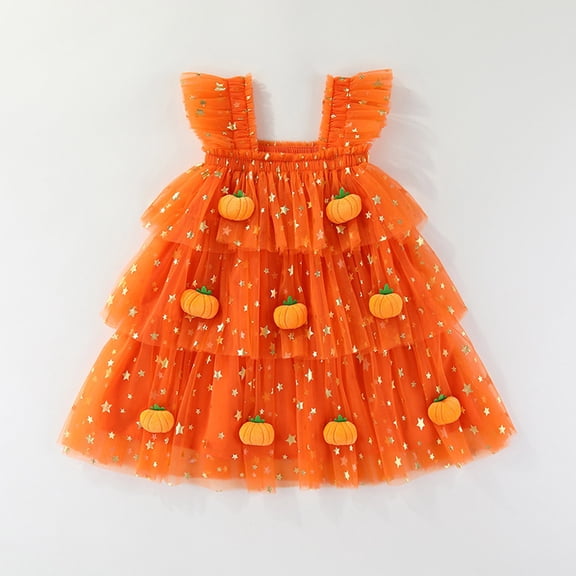 Halloween Girls' Pumpkin Ghost Tutu Dress, Sleeveless Glitter Layered Mesh, Tiered Tulle For Party Cosplay, 12 Months‑6 Years, Girl Halloween Costumes Orange b 4-5 Years