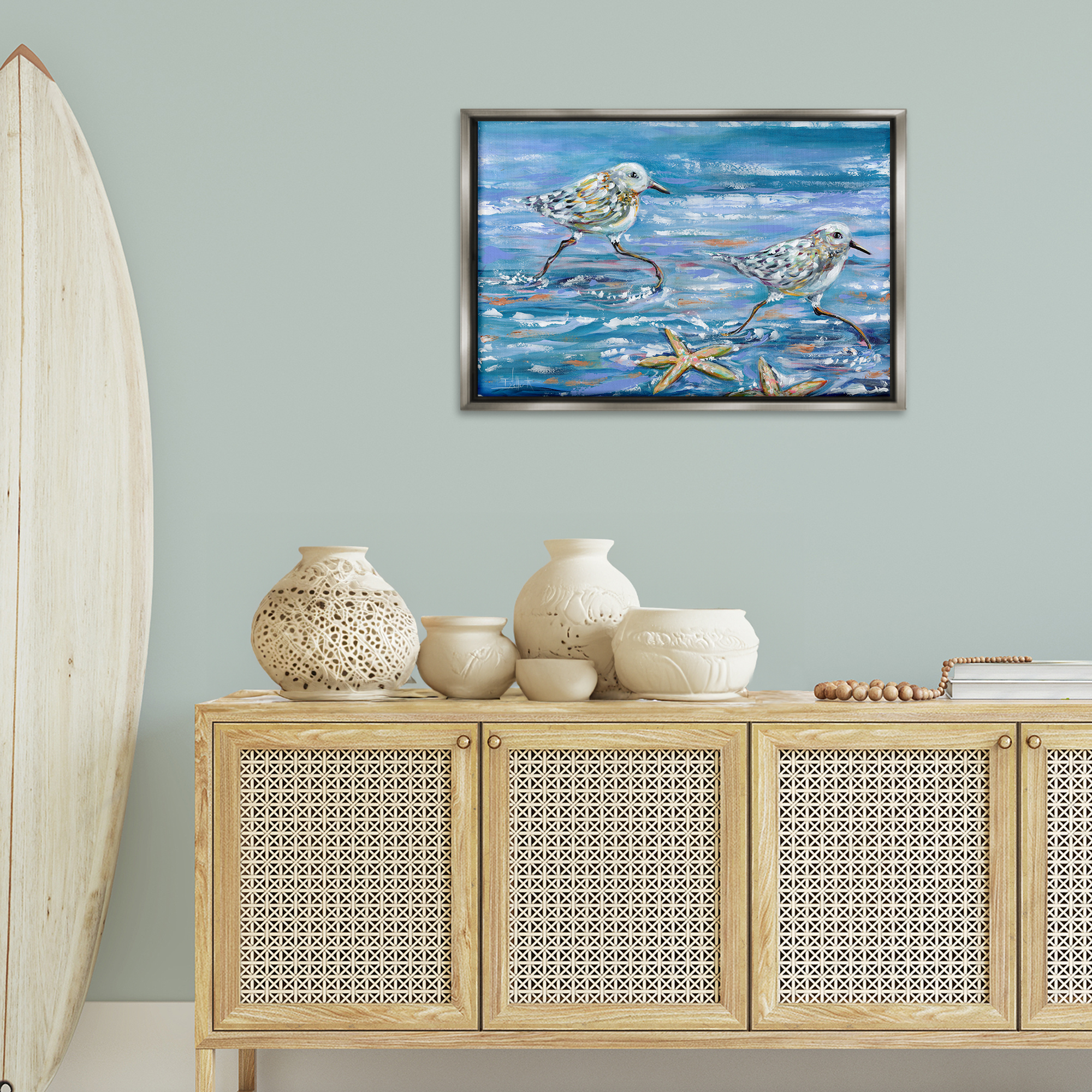 Stupell Industries Running Sea Sandpipers Coastal Painting Gray Floater Framed Canvas Art Print Wall Art, 31 x 21