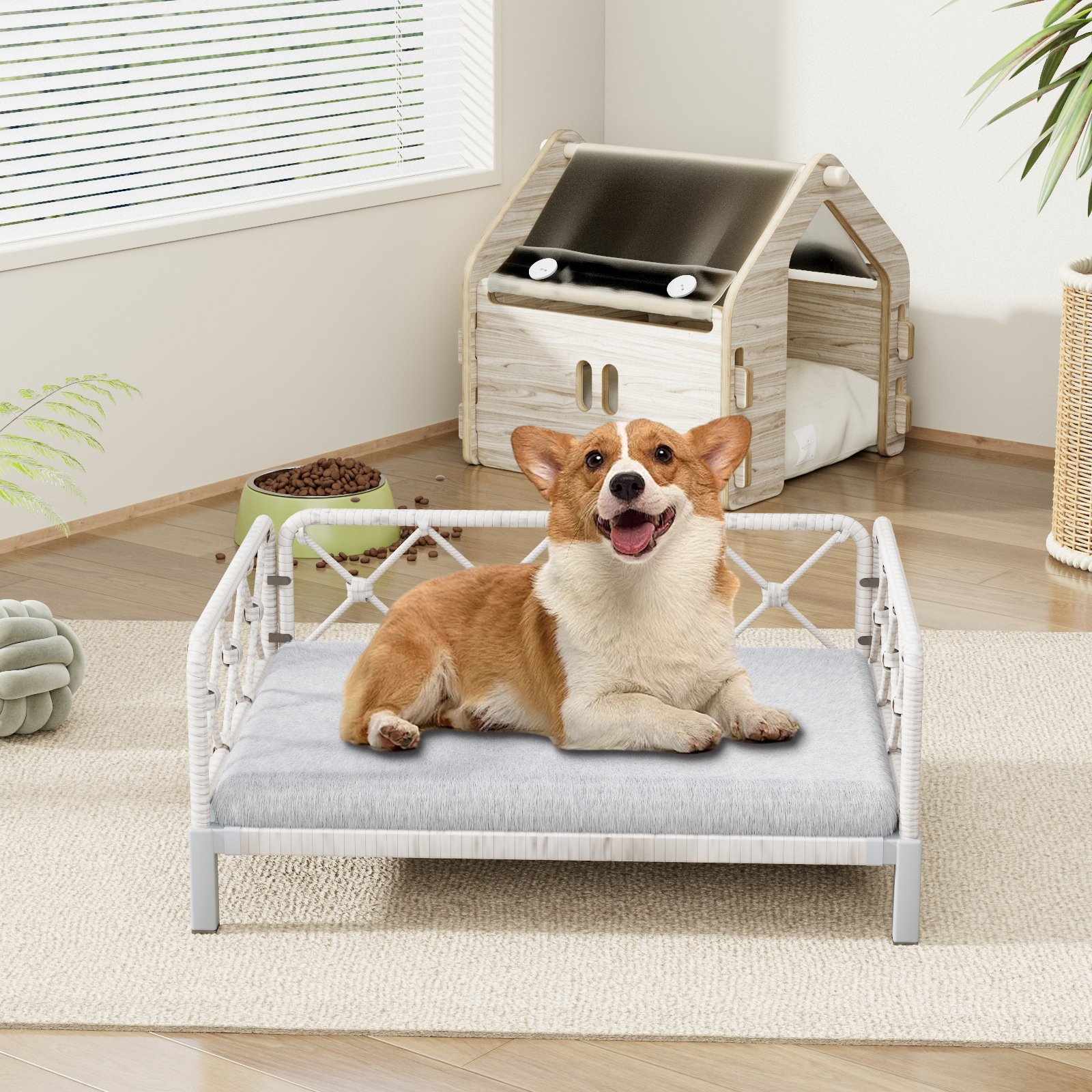 Wallowsun Wicker Dog Bed with 2'' Cushion,Rattan Dog Sofa Bed for Small Medium Dogs– Indoor/Outdoor Metal Frame Pet Bed up 66lbs (White Rattan Grey Cushion)
