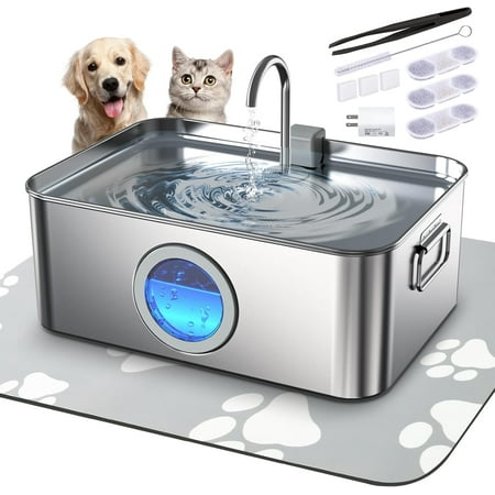 12L/3.2Gal Dog Water Fountain Stainless Steel with Silicone Mat & 3 Set Filters DYSJ01 Dog Fountain Water Bowl for Large Dogs Cats & Multi-Pet Home with Water Level Window & LED Indicator