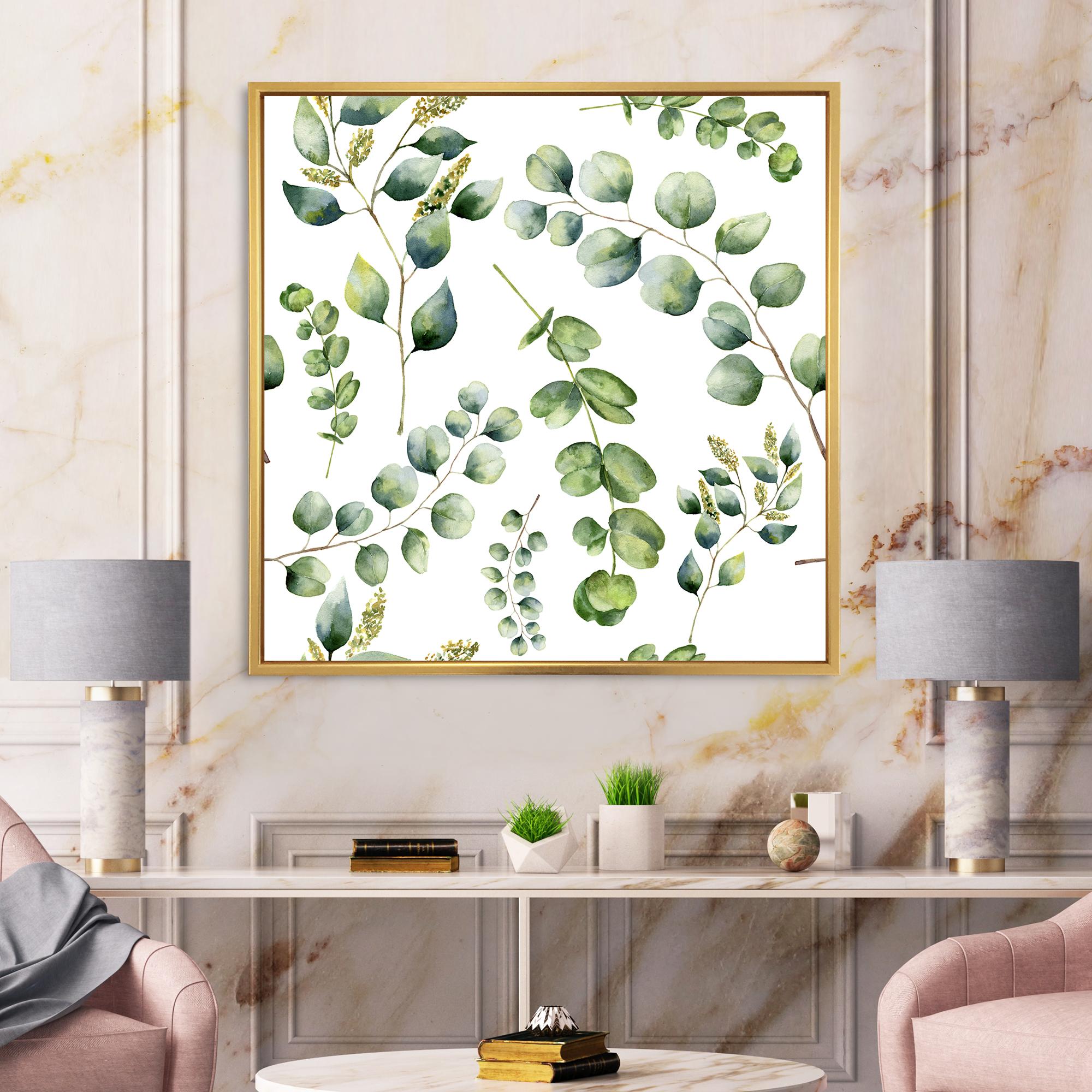 Designart 'Green Eucalyptus Plant Branches III' Traditional Framed Canvas Wall Art Print
