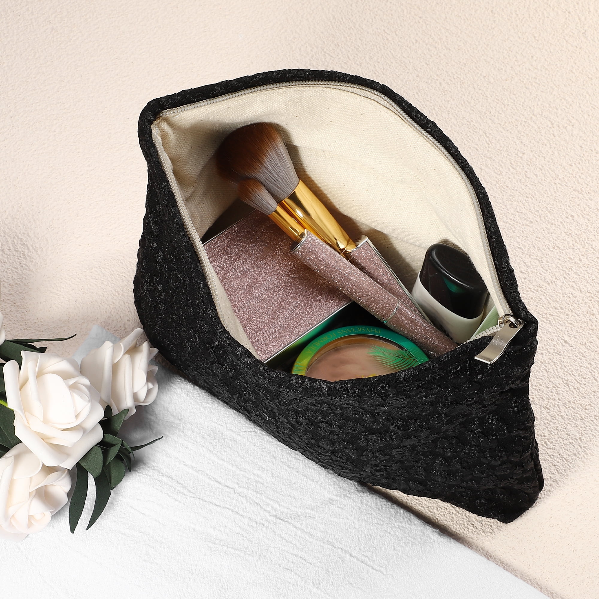 Unique Bargains Flower Cosmetic Bags Zipper Large Capacity Makeup Pouch Lipsticks Black