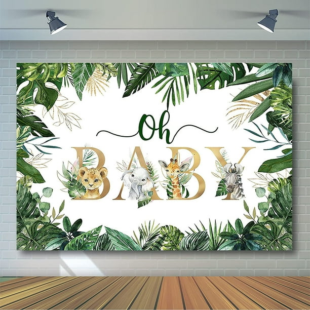 Ffiy Jungle Animals Oh Baby Backdrop For Baby Shower Decoration Photography Background Safari Gold Green Greenery Leaves Gender Neutral Baby Shower Bi