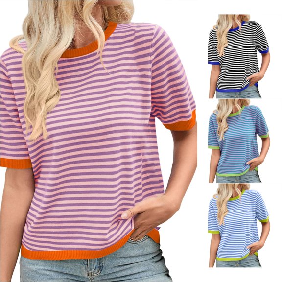 Trendfront Womens Crew Neck Short Sleeve T Shirts Horizontal Striped Tee Soft Lightweight Breathable Classic Stylish Tops