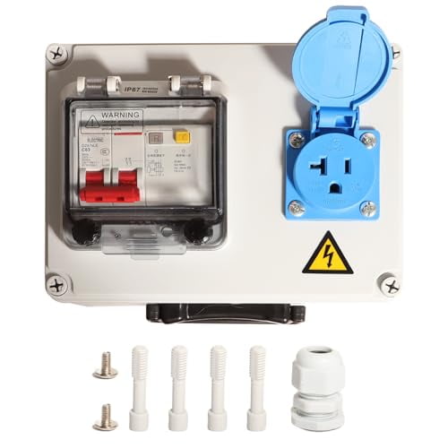 Ground Fault Circuit Breaker Outdoor Electrical Socket Box Waterproof Junction IP65 Wall Mounted 110V-240V 63A Home Garden Power Distribution Outlet Leakage Protection Residential