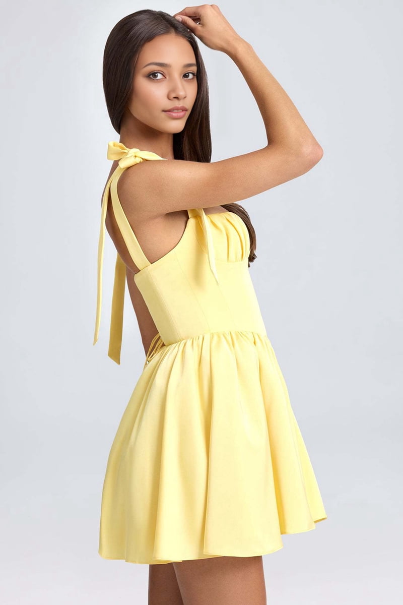 Smocked Ruched A Line Swing Dress Layered Tie Shoulder Flowy - Dress Yellow L