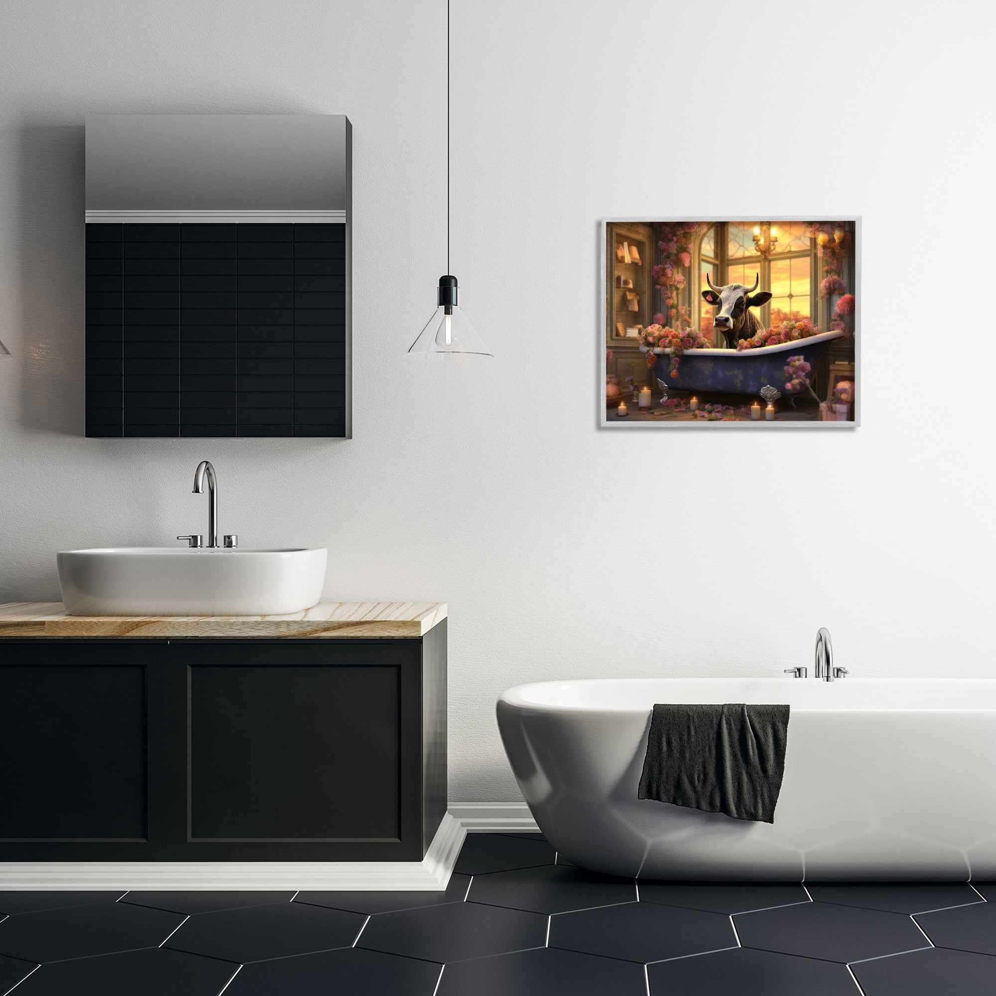 Stupell Industries Bathing Cow at Sunset Animals & Insects Painting Gray Framed Art Print Wall Art, 30 x 24