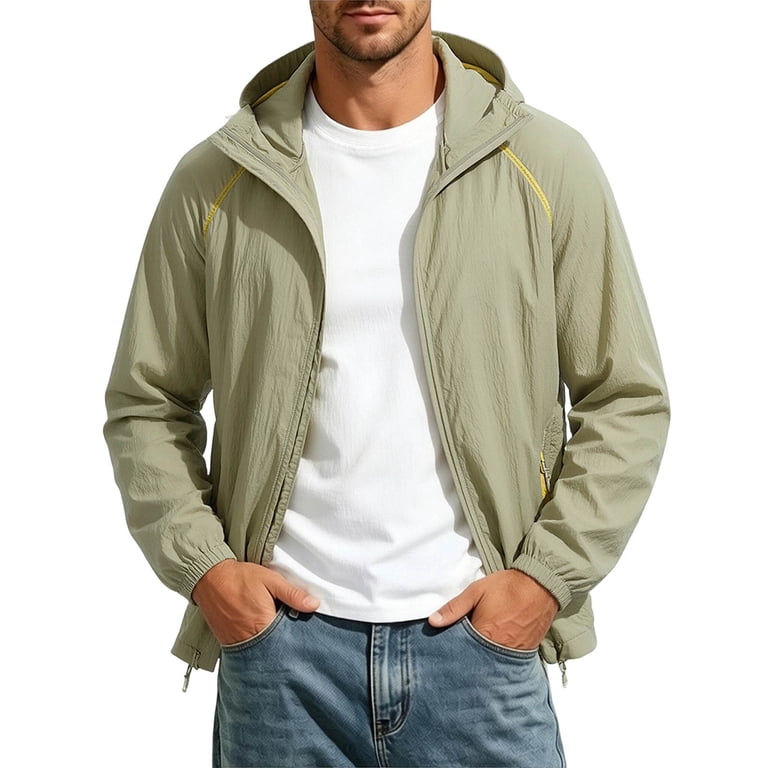 Yyuenw Mens Wrinkled Texture UPF50+ Sun Hoodie, Packable Zip Solid