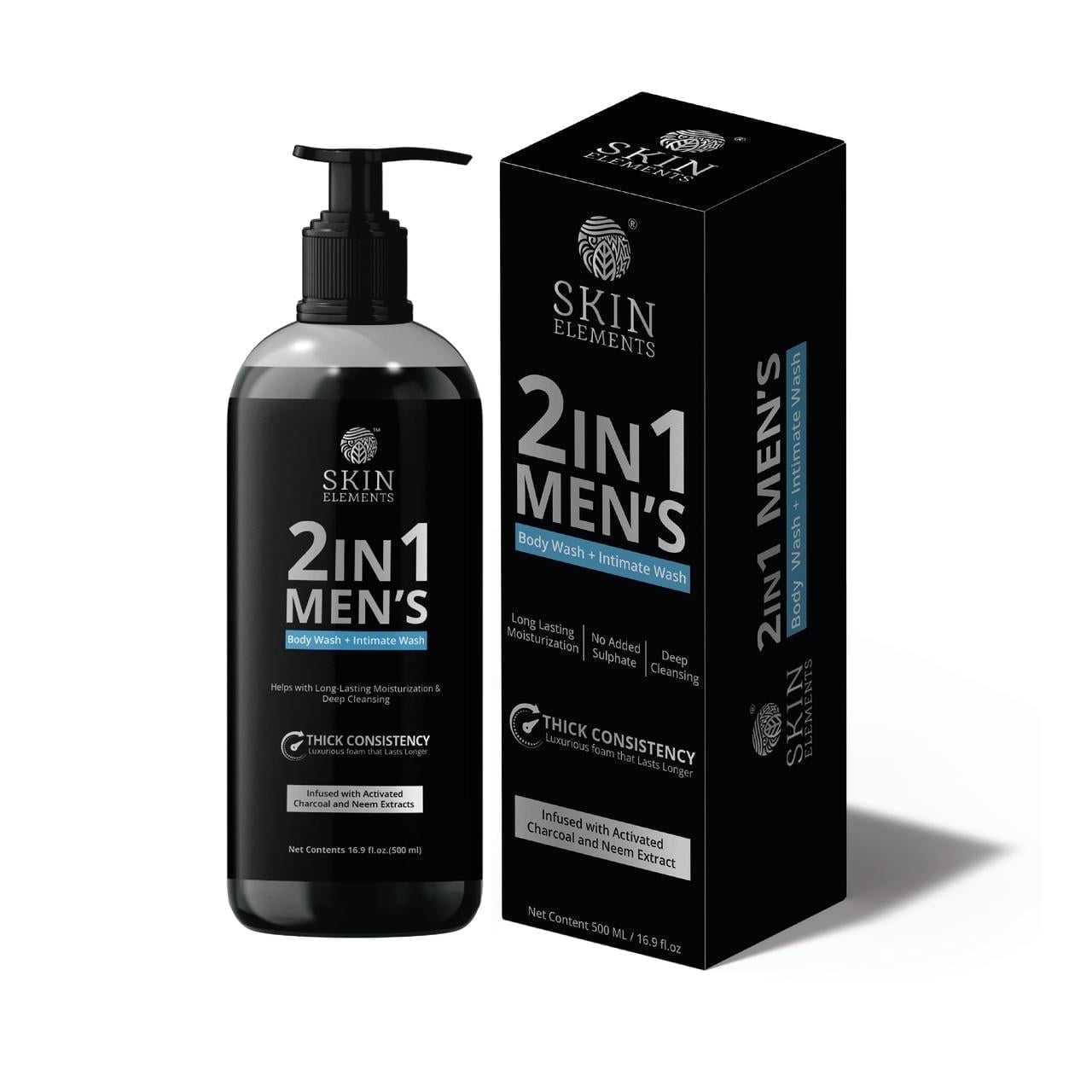 Skin Elements 2 in 1 Body & Intimate Wash for Men | 60+ Days of Usage | Daily Refreshing Cleanser with Natural Goodness of Charcoal & Neem Extracts | Thicker Consistency