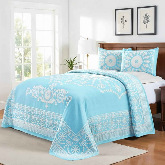 Superior Cotton Blend Woven Jacquard Vintage Medallion Bedspread Set 3-Pieces, King, Aqua
