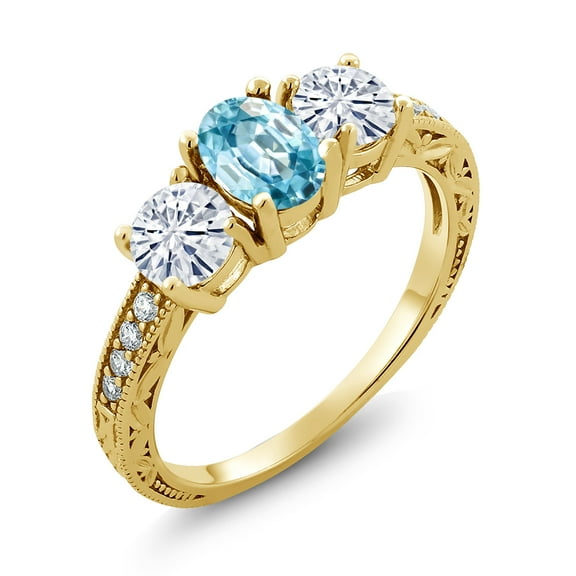Gem Stone King 18K Yellow Gold Plated Silver 3-Stone Ring Zircon Moissanite(2.37 Cttw) (Size 7)