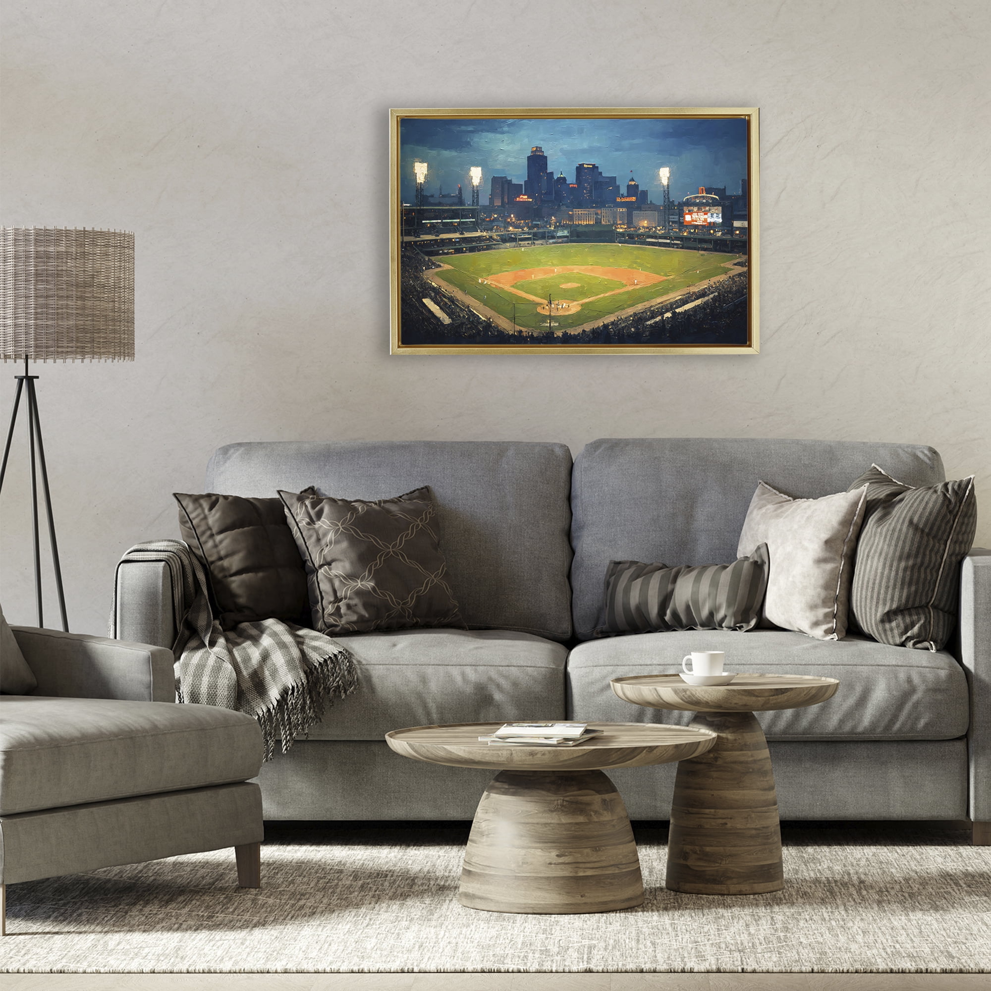 Baseball Stadium at Night Gold Framed Floater Canvas Wall Art, design by Arlington Prints