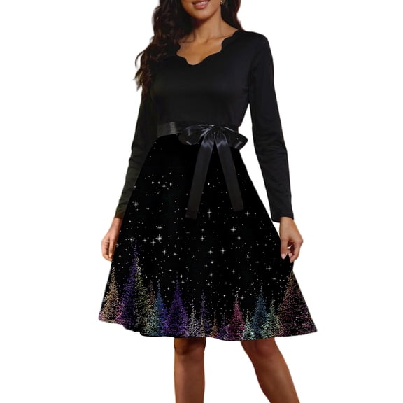 Women's Casual Fashion Long Sleeve Christmas Graphic Printed Vintage Dress with V Neck for Retro Style and Holiday Parties, Ideal for Women's Casual Wear,Black,L