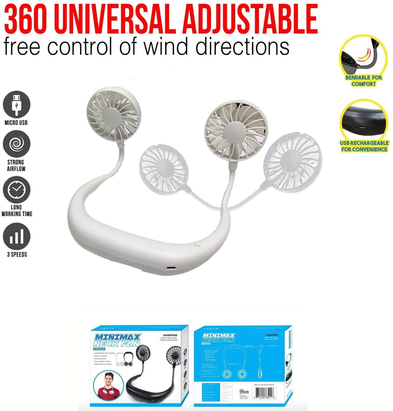 Portable Rechargeable Necklace Fan 360 Hands Free Neck Fan Desk Bendable Cooler
