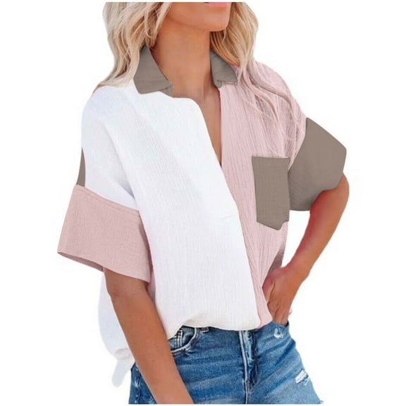 Stamzod Fashion Patchwork Summer Tops with Pocket Dressy Causal Loose Short Sleeve Button Up Shirt Women Plus Size Shirts Brown M